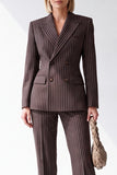 Coffee Pinstriped Peak Lapel Double Breasted 2 Piece Women Suits
