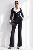 Black White Wide Contrast Lapel Double Breasted Women Suits with Pockets