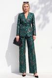 Dark Green Printed V-Neck Long Sleeves Women Suits with Belt