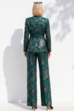 Dark Green Printed V-Neck Long Sleeves Women Suits with Belt