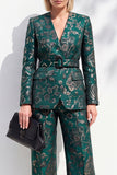 Dark Green Printed V-Neck Long Sleeves Women Suits with Belt