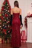 Sparkly Red Sequins Sheath Ruched Strapless Long Christmas Holiday Party Dress with Slit