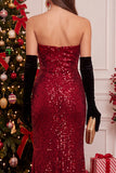Sparkly Red Sequins Sheath Ruched Strapless Long Christmas Holiday Party Dress with Slit