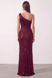 Burgundy Asymmetrical One Shoulder Cowl Sequins Sheath Ruched Long Holiday Party Dress with Slit
