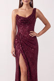 Burgundy Asymmetrical One Shoulder Cowl Sequins Sheath Ruched Long Holiday Party Dress with Slit