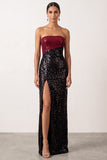 Sparkly Black Red Sequins Sheath Strapless Maxi Dress with Slit
