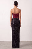 Sparkly Black Red Sequins Sheath Strapless Maxi Dress with Slit