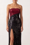 Sparkly Black Red Sequins Sheath Strapless Maxi Dress with Slit