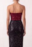 Sparkly Black Red Sequins Sheath Strapless Maxi Dress with Slit