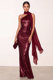 Burgundy Halter Sequins Mermaid Long Holiday Party Dress with Chiffon Draping