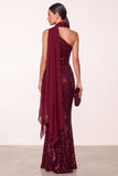 Burgundy Halter Sequins Mermaid Long Holiday Party Dress with Chiffon Draping