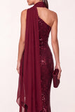 Burgundy Halter Sequins Mermaid Long Holiday Party Dress with Chiffon Draping
