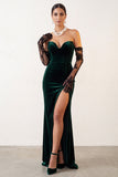 Dark Green Velvet Strapless Mermaid Long Holiday Party Dress with Slit
