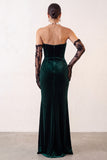 Dark Green Velvet Strapless Mermaid Long Holiday Party Dress with Slit