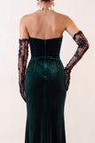 Dark Green Velvet Strapless Mermaid Long Holiday Party Dress with Slit