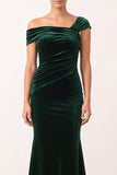 Dark Green Velvet Mermaid Asymmetrical One Shouldr Ruched Midi Holiday Dress