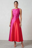 Fuchsia Red Bateau Neck Satin A-Line Midi Formal Dress