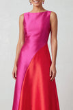 Fuchsia Red Bateau Neck Satin A-Line Midi Formal Dress