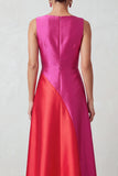 Fuchsia Red Bateau Neck Satin A-Line Midi Formal Dress