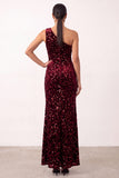 Sparkly Burgundy Sequins Velvet One Shoulder Sheath Long Holiday Party Dress with Slit