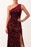 Sparkly Burgundy Sequins Velvet One Shoulder Sheath Long Holiday Party Dress with Slit