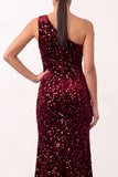 Sparkly Burgundy Sequins Velvet One Shoulder Sheath Long Holiday Party Dress with Slit