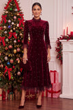 Burgundy Velvet A-Line Pearls High Ruffled Mock Neck Midi Christmas Holiday Party Dress with 3/4 Sleeves