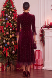 Burgundy Velvet A-Line Pearls High Ruffled Mock Neck Midi Christmas Holiday Party Dress with 3/4 Sleeves