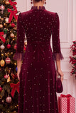 Burgundy Velvet A-Line Pearls High Ruffled Mock Neck Midi Christmas Holiday Party Dress with 3/4 Sleeves