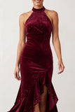 Burgundy High Neck Velvet Mermaid High Low Beaded Long Holiday Party Dress with Ruffled Slit