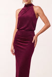 Burgundy Sheath High Neck Ruched Long Holiday Party Dress with Beading