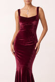 Mermaid Burgundy Velvet Square Neck Long Holiday Party Dress