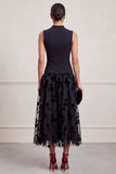 Black High Neck A-Line Floral Printed Tulle Midi Formal Dress