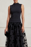 Black High Neck A-Line Floral Printed Tulle Midi Formal Dress