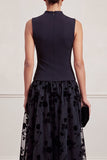 Black High Neck A-Line Floral Printed Tulle Midi Formal Dress