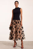 Black High Neck A-Line Floral Printed Tulle Midi Formal Dress