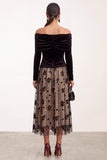 Black Champagne Velvet A-Line Off the Shoulder Ruched Tulle Long Sleeves Midi Wedding Guest Dress