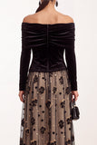 Black Champagne Velvet A-Line Off the Shoulder Ruched Tulle Long Sleeves Midi Wedding Guest Dress