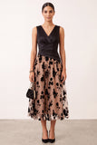 Black Champagne Satin A-Line V-Neck Floral Tulle Midi Wedding Guest Dress