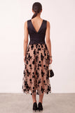 Black Champagne Satin A-Line V-Neck Floral Tulle Midi Wedding Guest Dress