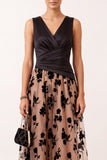 Black Champagne Satin A-Line V-Neck Floral Tulle Midi Wedding Guest Dress