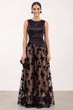 Black A-Line Bateau Neck Satin Ruched Floral Long Formal Dress