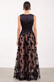 Black A-Line Bateau Neck Satin Ruched Floral Long Formal Dress