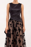 Black A-Line Bateau Neck Satin Ruched Floral Long Formal Dress