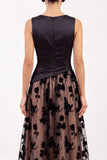 Black A-Line Bateau Neck Satin Ruched Floral Long Formal Dress