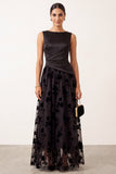 Black A-Line Bateau Neck Satin Ruched Floral Long Formal Dress
