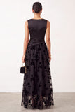 Black A-Line Bateau Neck Satin Ruched Floral Long Formal Dress