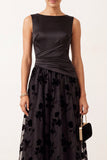 Black A-Line Bateau Neck Satin Ruched Floral Long Formal Dress