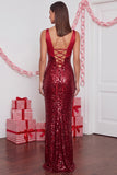 Sparkly Red Sequins Mermaid Satin V-Neck Long Holiday Party Dress