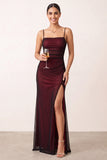 Black Red Sheath Spaghetti Straps Long Evening Dress with Slit